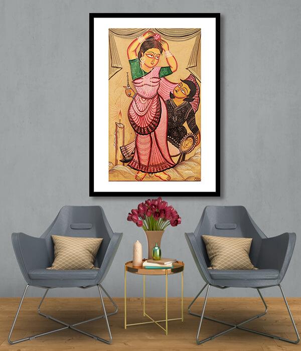 Couple Scene Kalighat Art Painting For Home Wall Art Decor