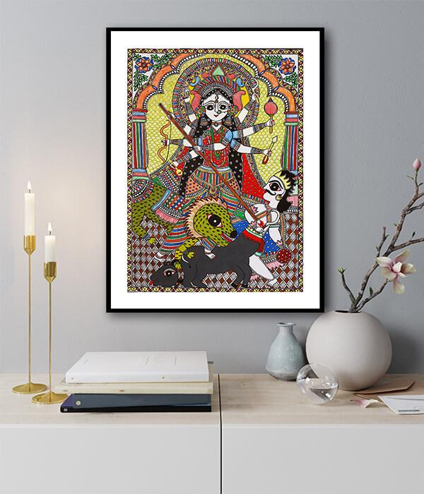 Goddess Durga Madhubani Art Painting For Home Wall Art Decor
