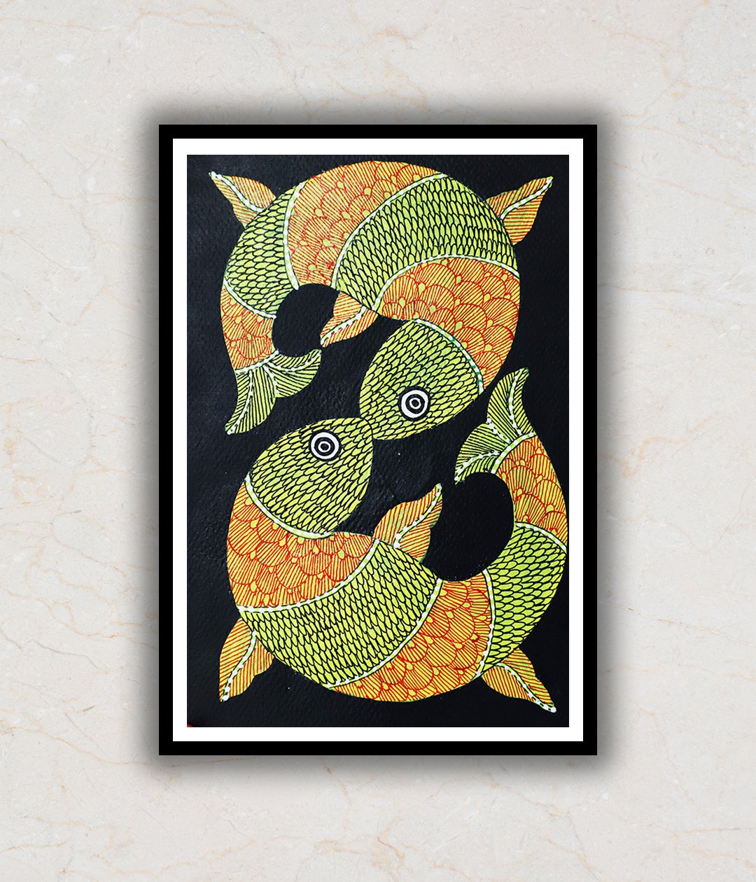 Yellow and Orange Fishes Gond Art Painting For Home Wall Art Decor