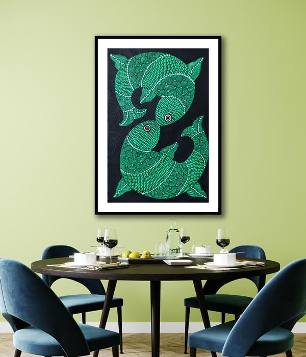 Green Fishes Gond Art Painting For Home Wall Art Decor