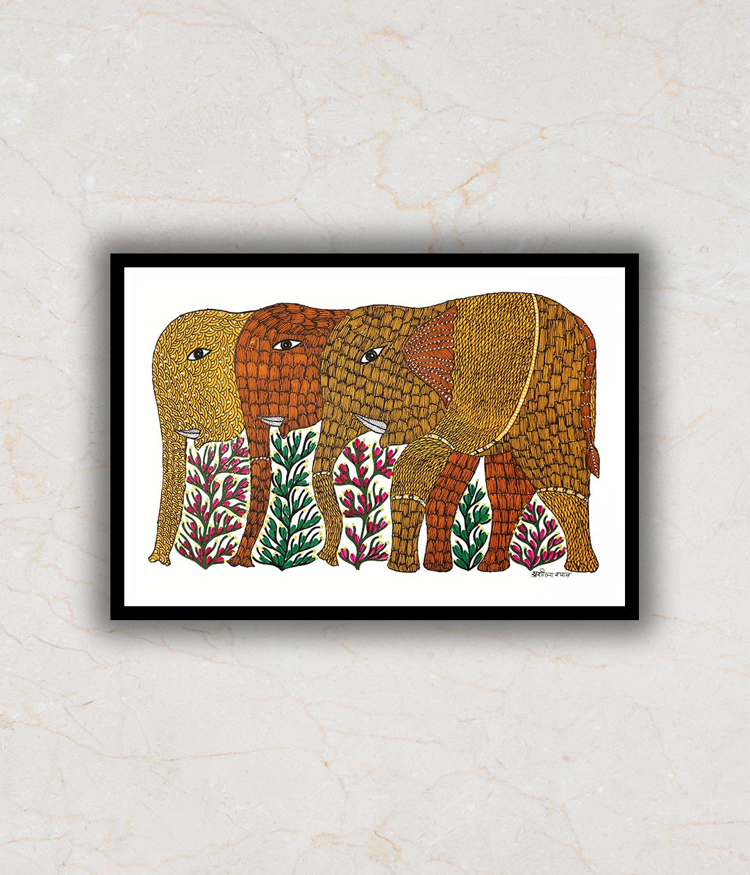 Three Elephants Gond Art Painting For Home Wall Art Decor