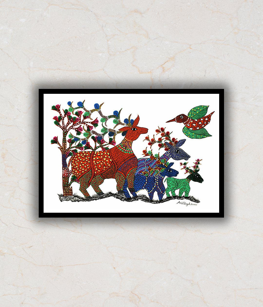 Deers and Bird Gond Art Painting For Home Wall Art Decor