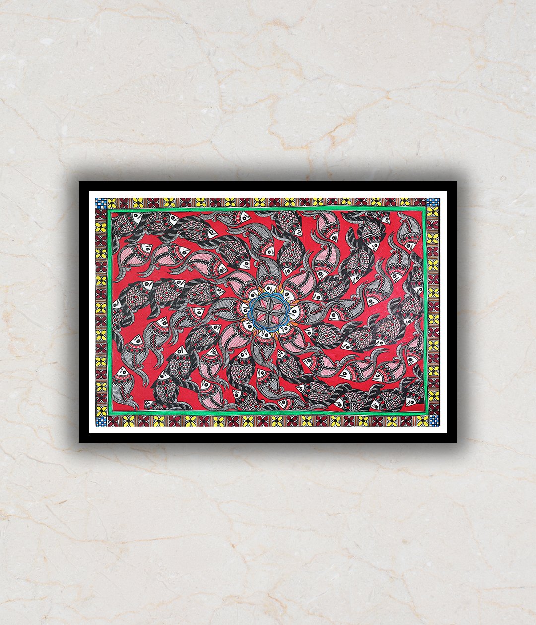 Confluence of Fishes Madhubani Art Painting For Home Wall Art Decor