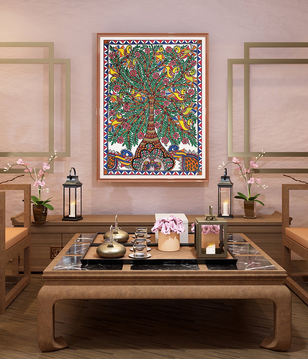 House of Feathers Tree of Life Bharni Madhubani Art Painting For Home Wall Art Decor