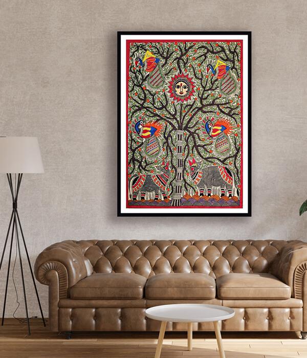 Auspicious Tree Madhubani Art Painting For Home Wall Art Decor