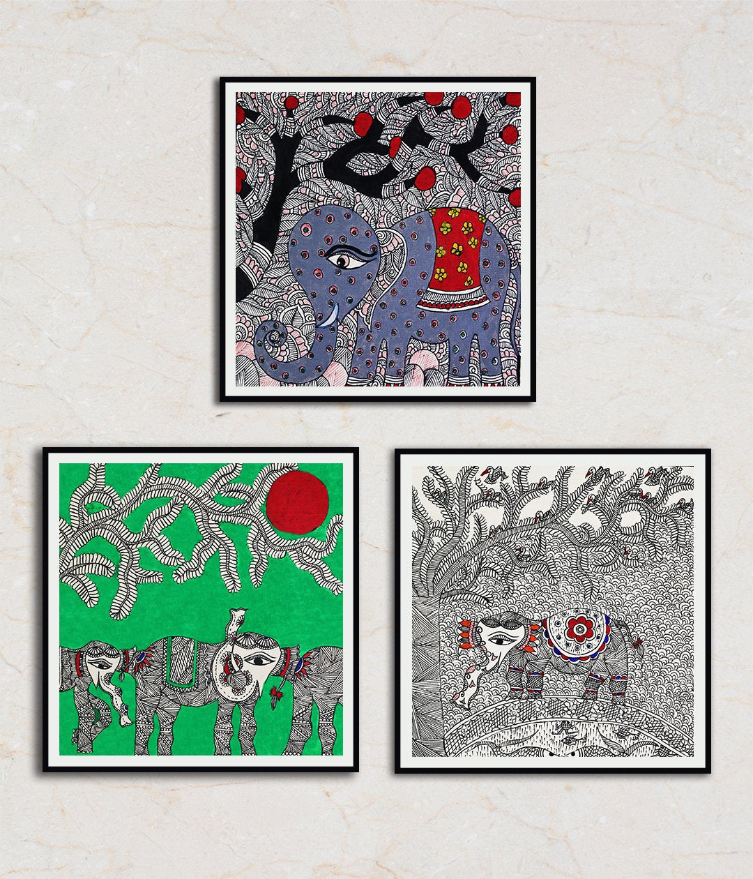 The Elephant Clan Set Of 3 Madhubani Art Paintings For Home Wall Decor