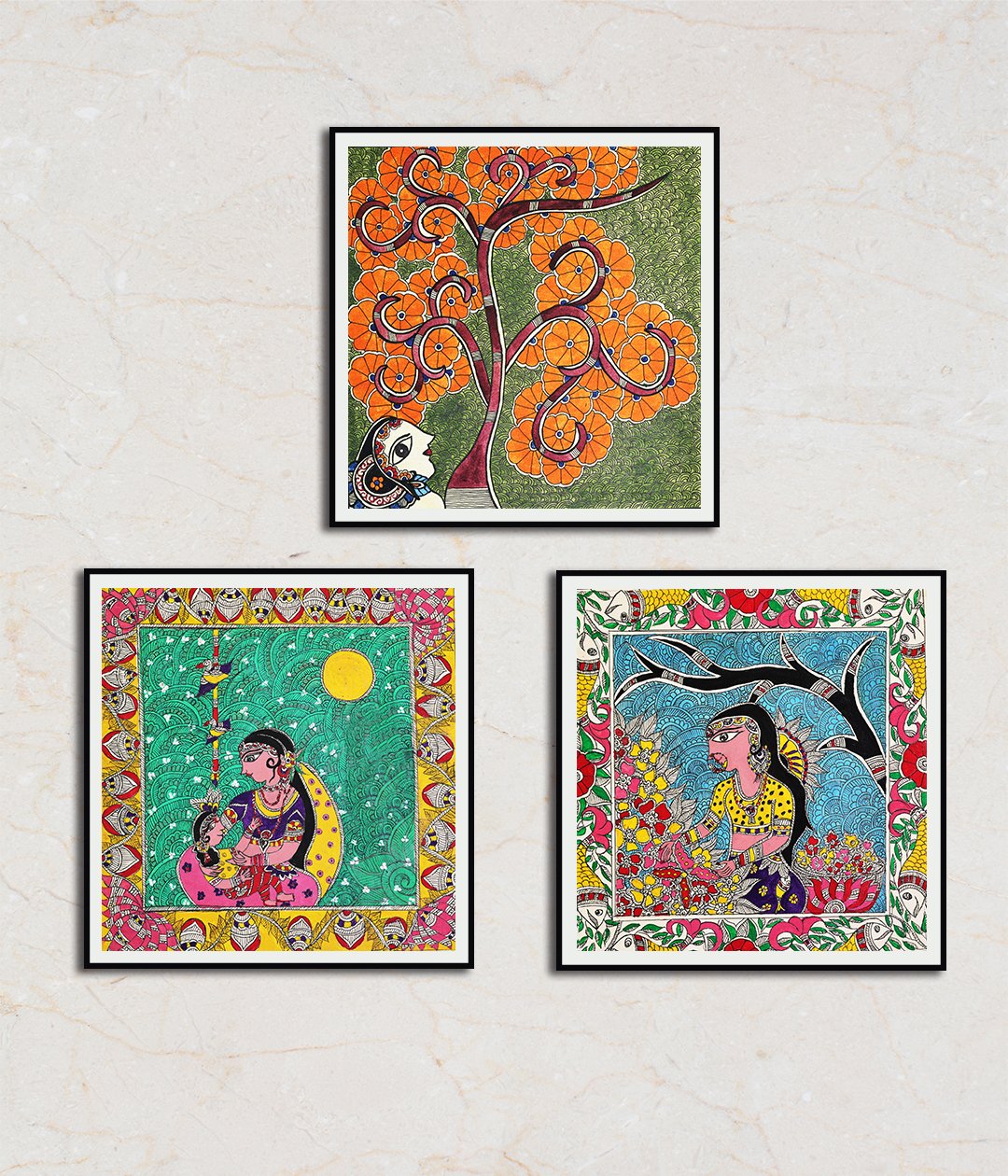 Season of Love Set Of 3 Madhubani Art Paintings For Home Wall Decor