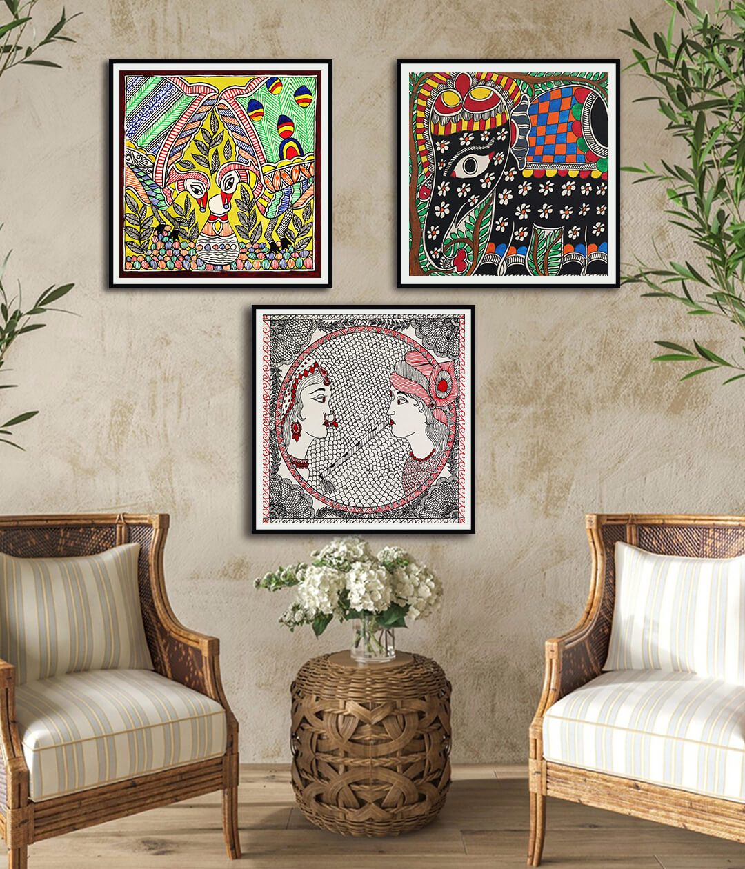 Enchanted Set Of 3 Madhubani Art Paintings For Home Wall Decor