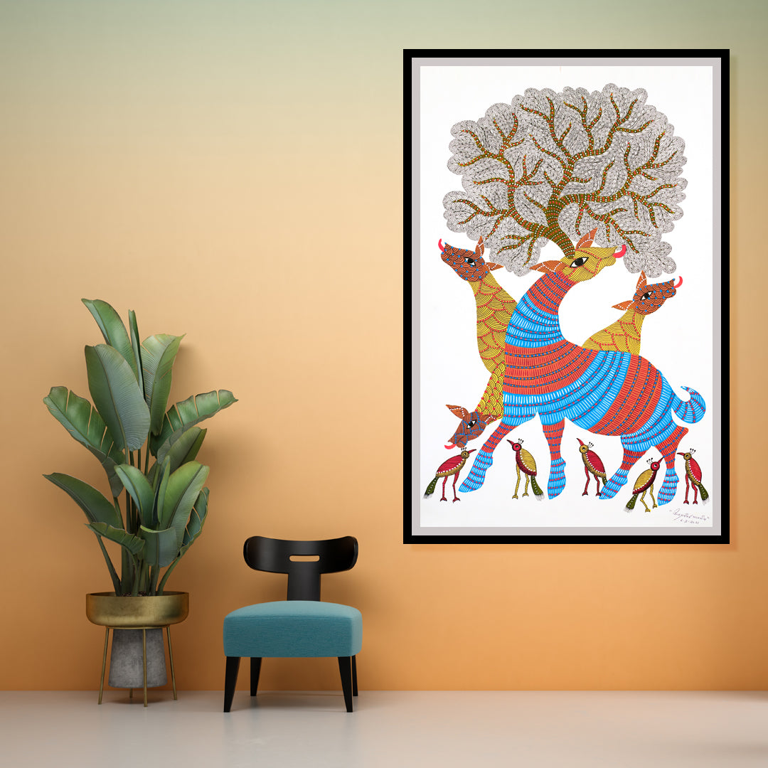 Camouflage Deer Gond Artwork Painting For Home Wall Decor