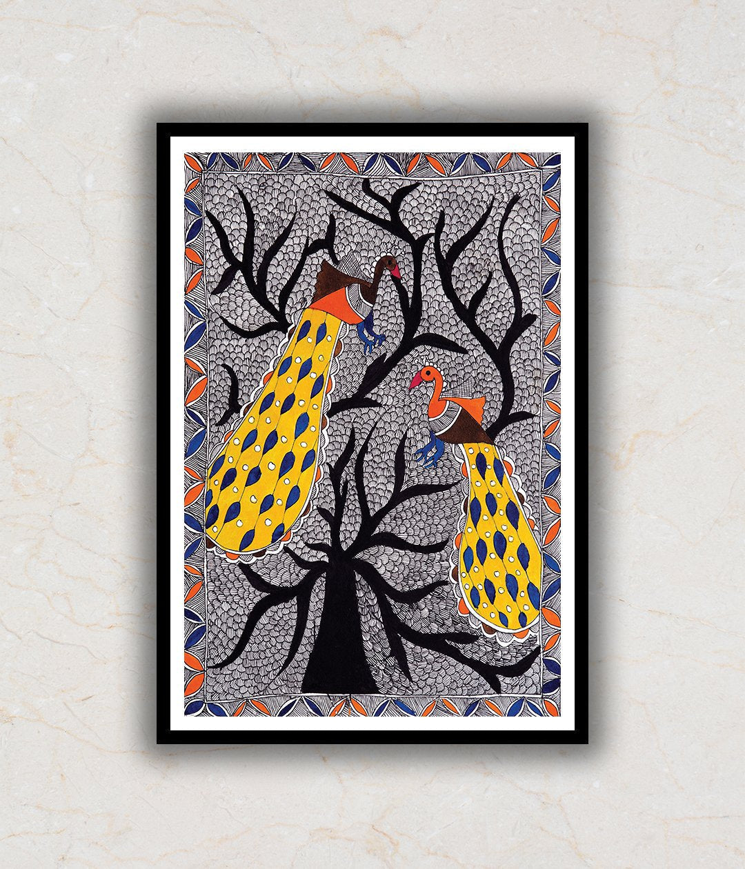 Peacocks on Tree Madhubani Art Painting For Home Wall Art Decor