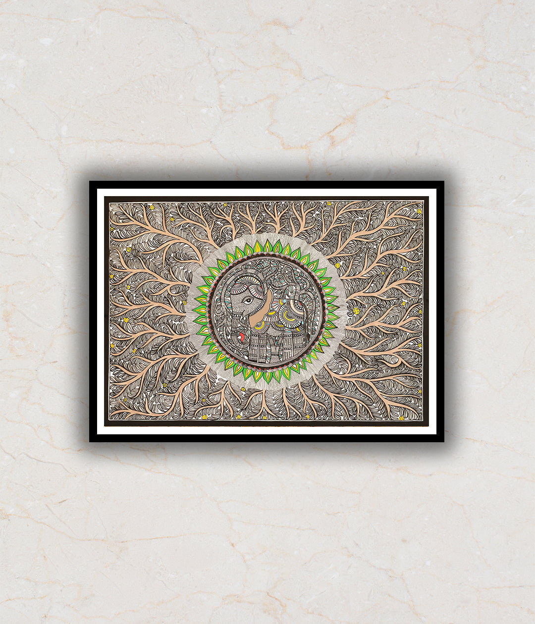 Elephant Line Work Madhubani Art Painting For Home Wall Art Decor