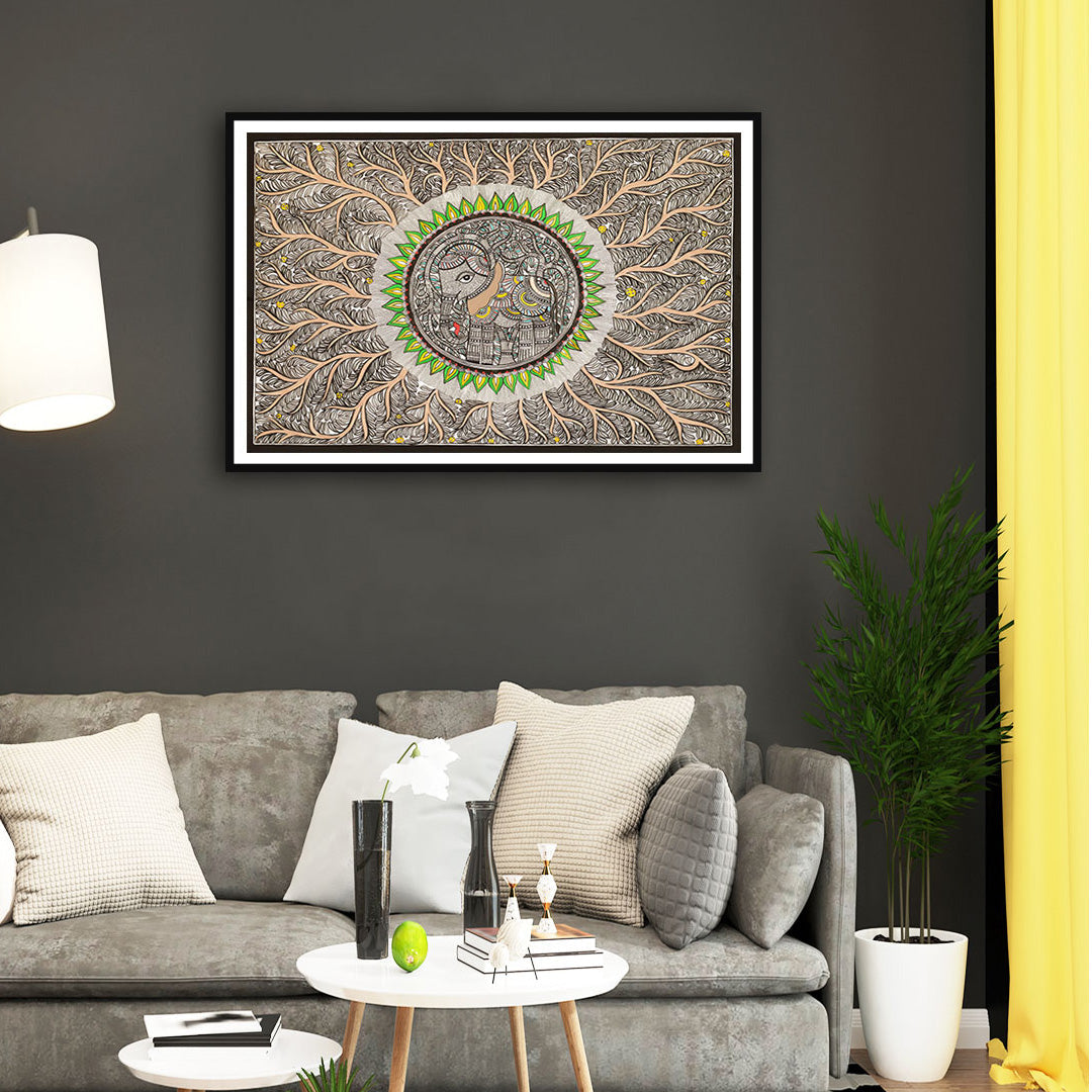 Elephant line work Madhubani Art Painting For Home Wall Art Decor