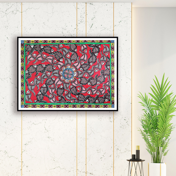 Confluence of Fishes Madhubani Art Painting For Home Wall Art Decor