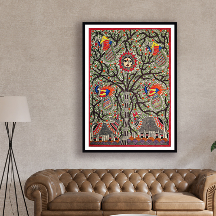 Auspicious Tree Madhubani Art Painting For Home Wall Art Decor