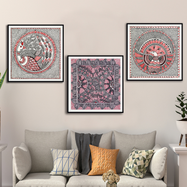 Monotone Madhubani Painting Set Of 3 Madhubani Art Paintings For Home Wall Decor