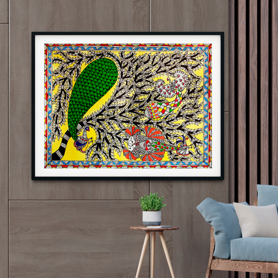 Peacock and Fish Madhubani Art Painting For Home Wall Art Decor