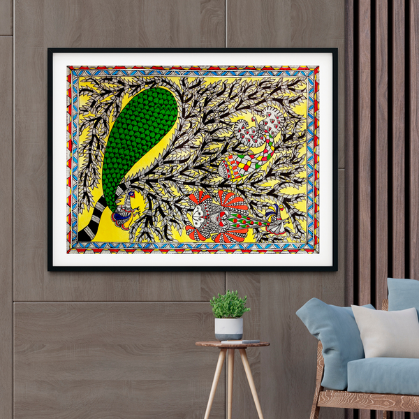 Peacock and Fish Madhubani Art Painting For Home Wall Art Decor