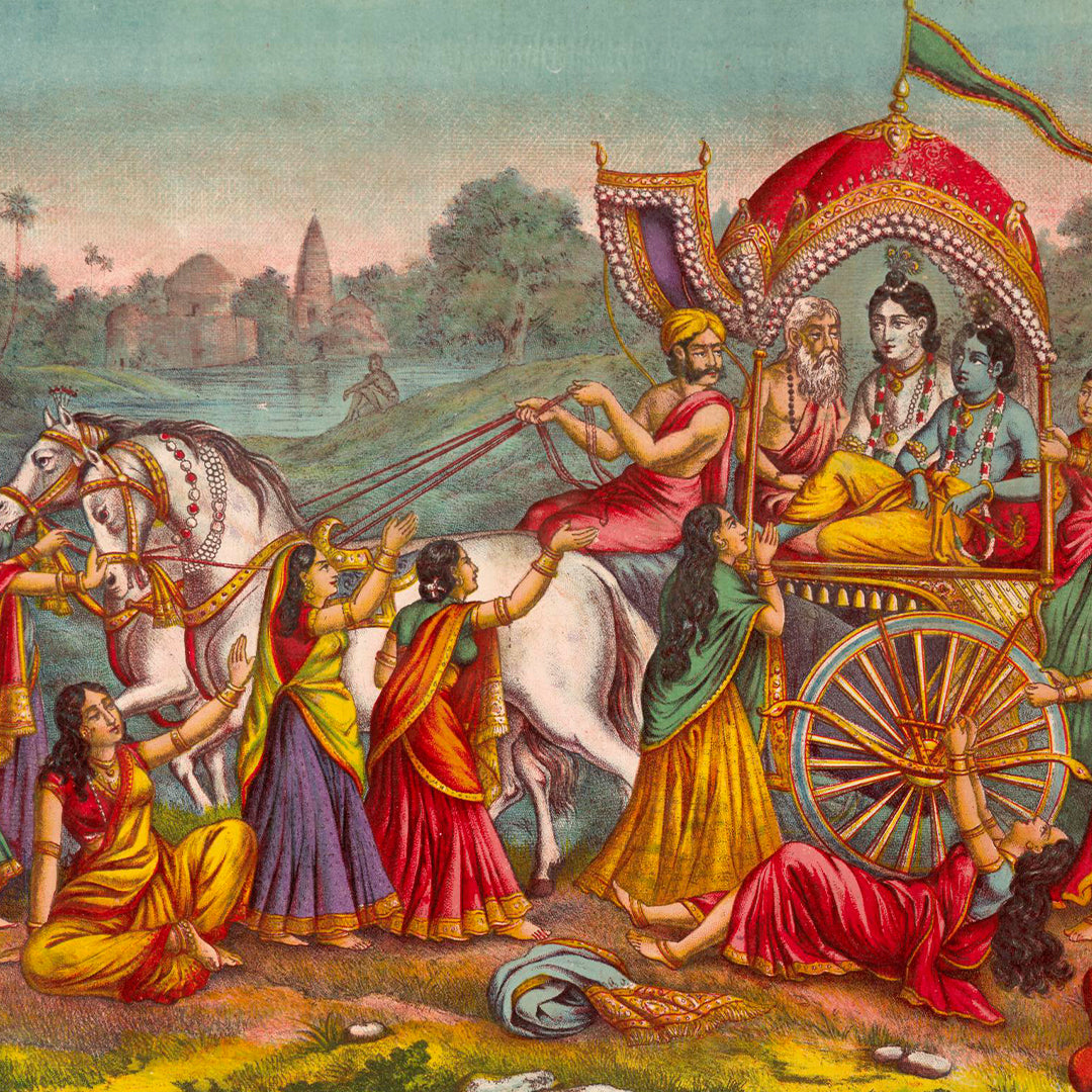 Raja Ravi Varma Artwork Painting - Krishna and Balarama are seated in a chariot driven by Akrura
